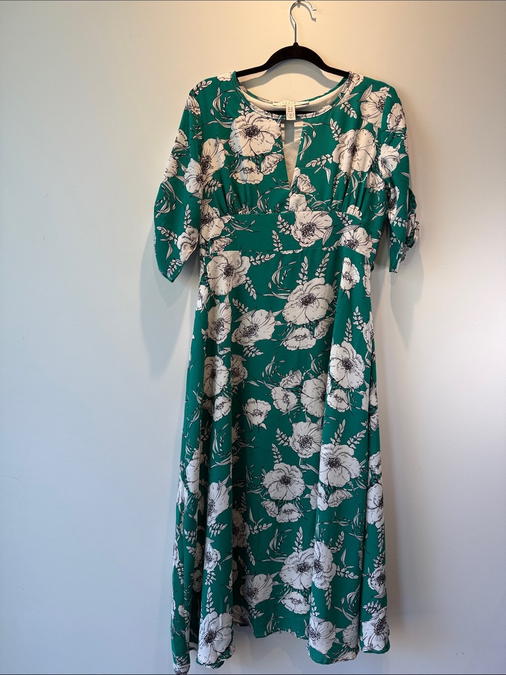 Emerald Floral Midi Dress with White Bloom Print